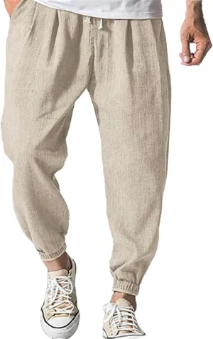 Mens Linen Tapered Pants Plus Size Lightweight Drawstring Waist Vacation Harem Trousers Summer Trendy Loose Slacks