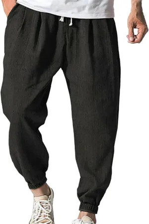 Mens Linen Tapered Pants Plus Size Lightweight Drawstring Waist Vacation Harem Trousers Summer Trendy Loose Slacks