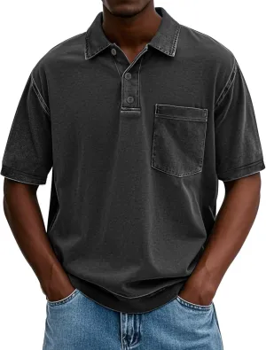 Men's Polo Shirts Short Sleeve Distressed Washed T-Shirt Button Casual Banded Bottom Tee Tops with Pocket