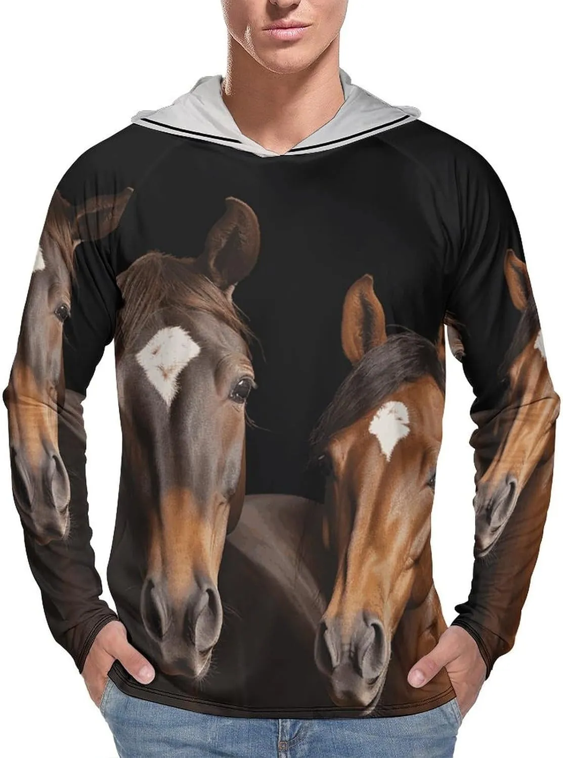 Men's UPF 50  Sun Protection Hoodie Outdoor UV Shirts Two Horses Standing on Black Background Long Sleeve Quick Dry Fishing Hiking Shirt M