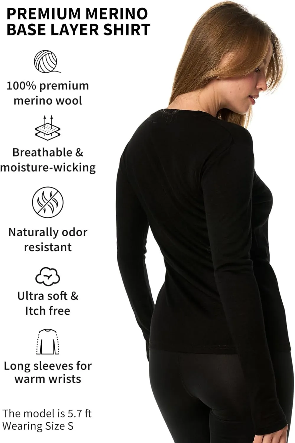 Merino Wool Base Layer Women - 100% Merino Wool Shirt Women Thermal Underwear Long Sleeve T-Shirt for Hiking