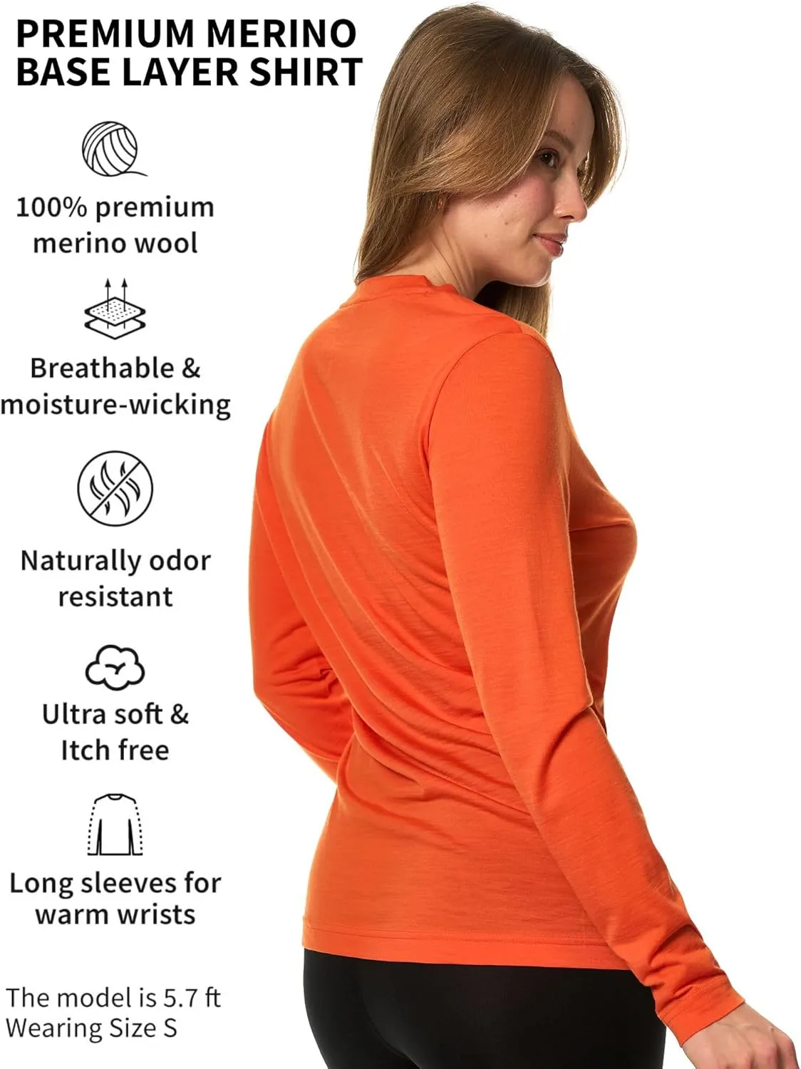 Merino Wool Base Layer Women - 100% Merino Wool Shirt Women Thermal Underwear Long Sleeve T-Shirt for Hiking