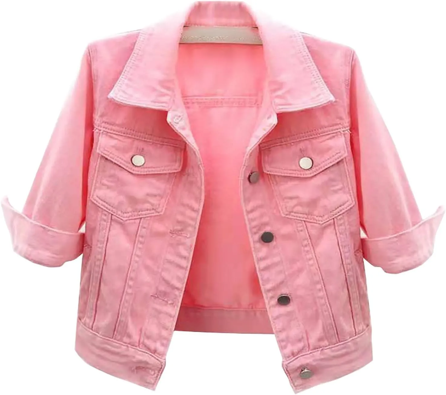 Miyaomn Womens 3/4 Sleeve Short Denim Jacket Lapel Collared Button Down Cropped Jean Jackets Pockets Casual Work Trucker Coat