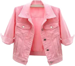 Miyaomn Womens 3/4 Sleeve Short Denim Jacket Lapel Collared Button Down Cropped Jean Jackets Pockets Casual Work Trucker Coat