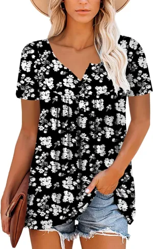 Mystry Zone Womens Henley V Neck Casual Blouse Button Down T Shirts Flare and Flowy Tops