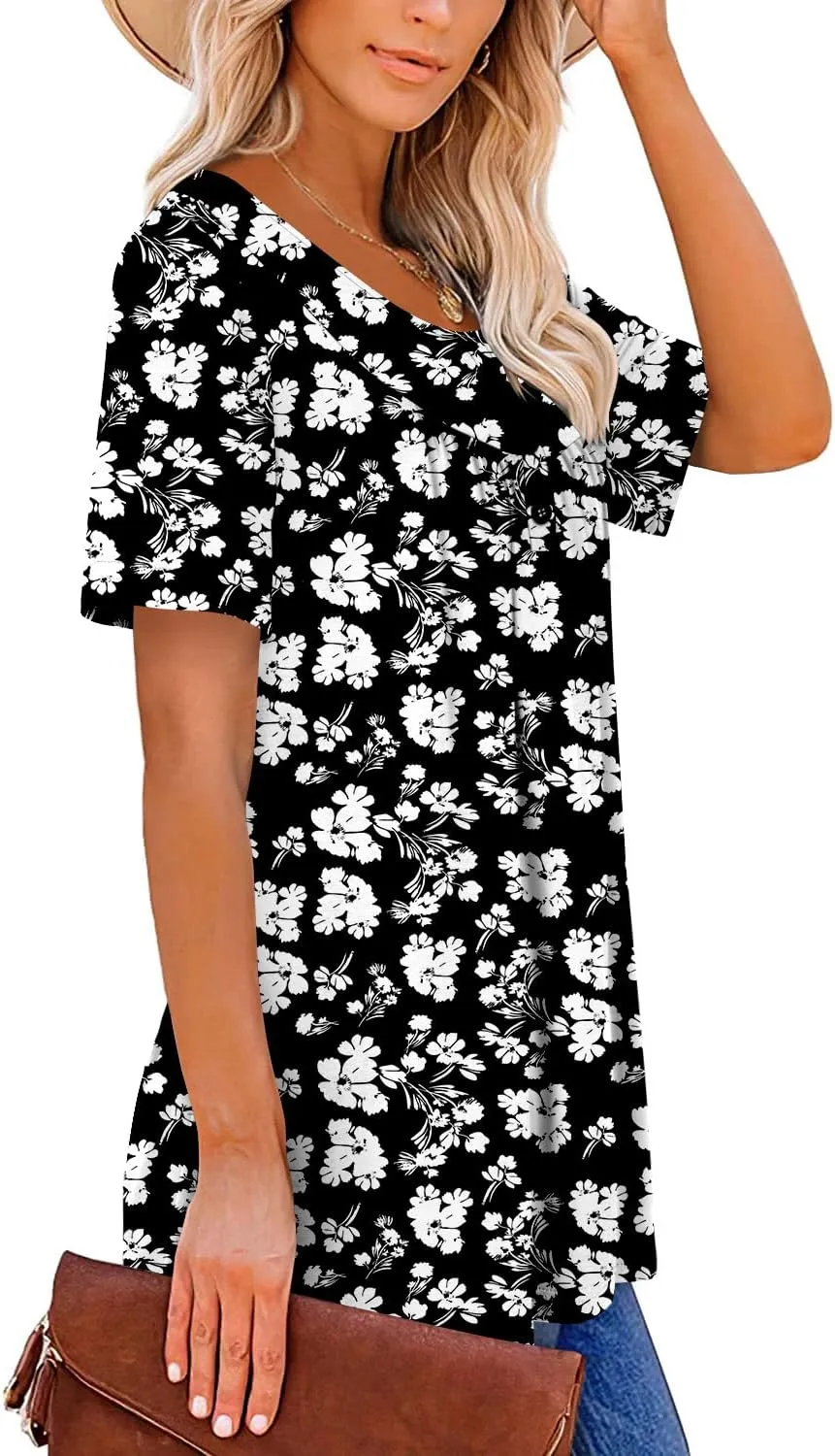 Mystry Zone Womens Henley V Neck Casual Blouse Button Down T Shirts Flare and Flowy Tops