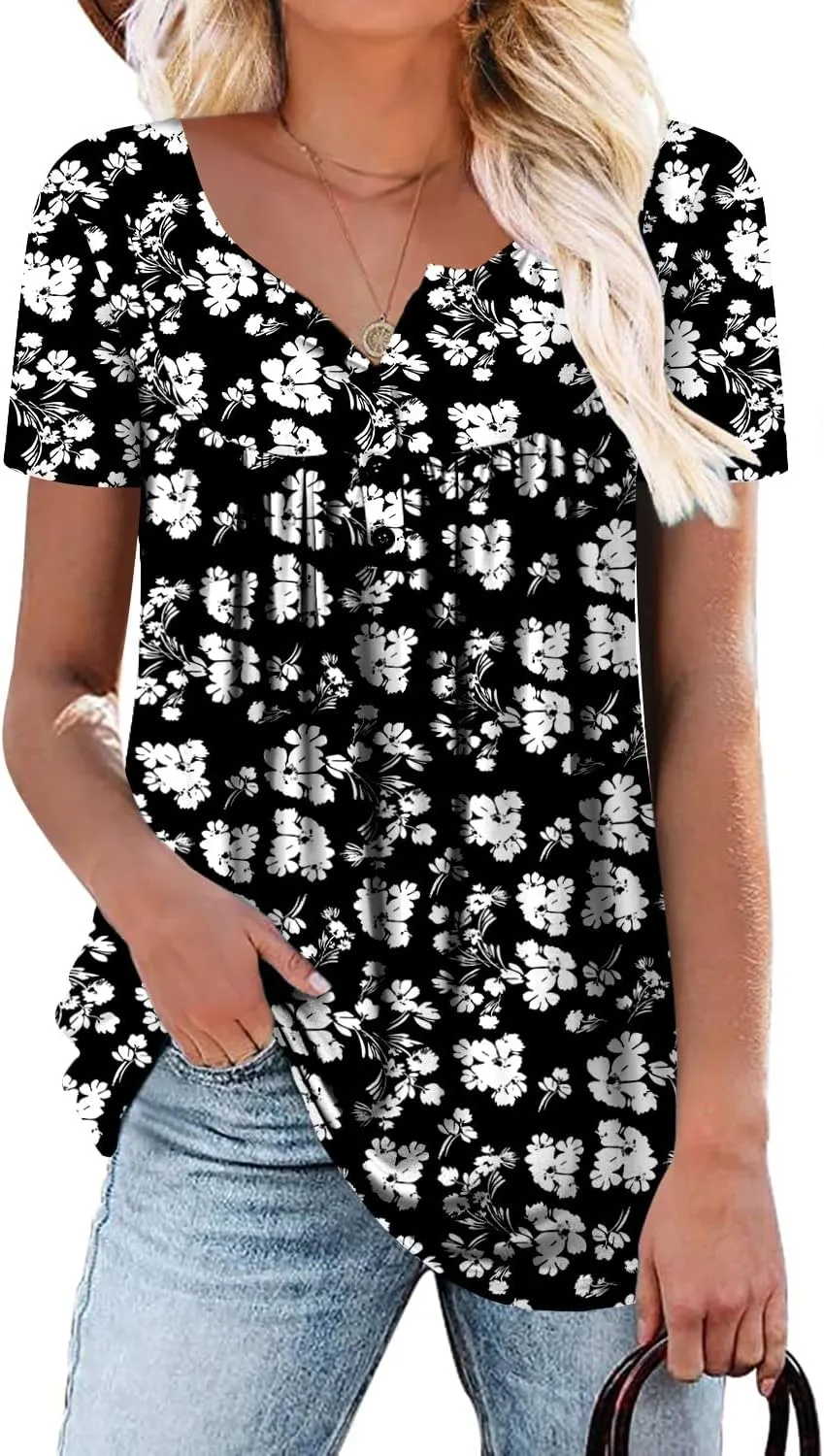 Mystry Zone Womens Henley V Neck Casual Blouse Button Down T Shirts Flare and Flowy Tops