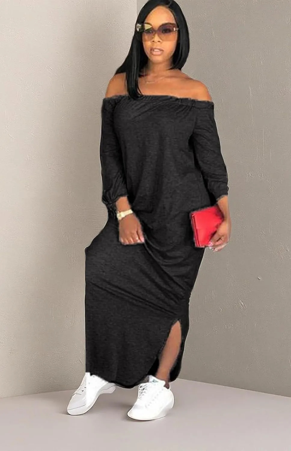 OLUOLIN Women's Casual Letter Print Off Shoulder Long Sleeve Bowknot Sides Slit Loose Long T-Shirt Maxi Dress