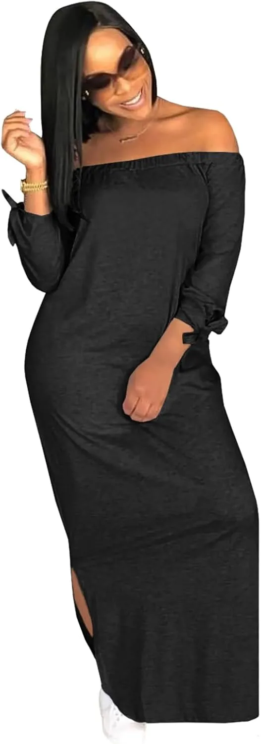 OLUOLIN Women's Casual Letter Print Off Shoulder Long Sleeve Bowknot Sides Slit Loose Long T-Shirt Maxi Dress