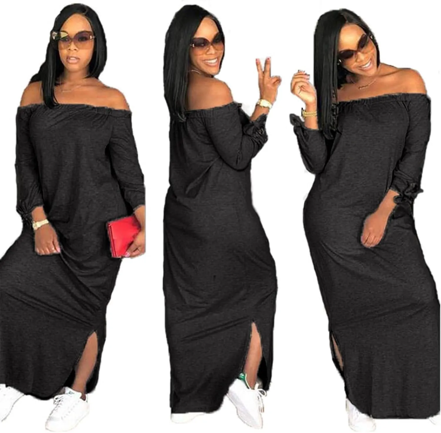 OLUOLIN Women's Casual Letter Print Off Shoulder Long Sleeve Bowknot Sides Slit Loose Long T-Shirt Maxi Dress