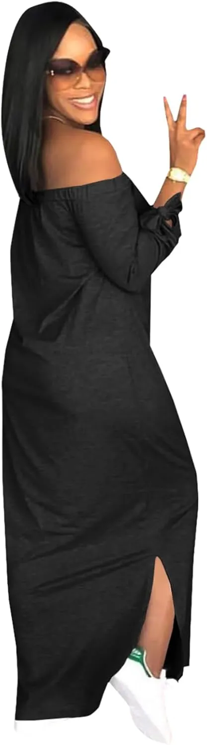 OLUOLIN Women's Casual Letter Print Off Shoulder Long Sleeve Bowknot Sides Slit Loose Long T-Shirt Maxi Dress