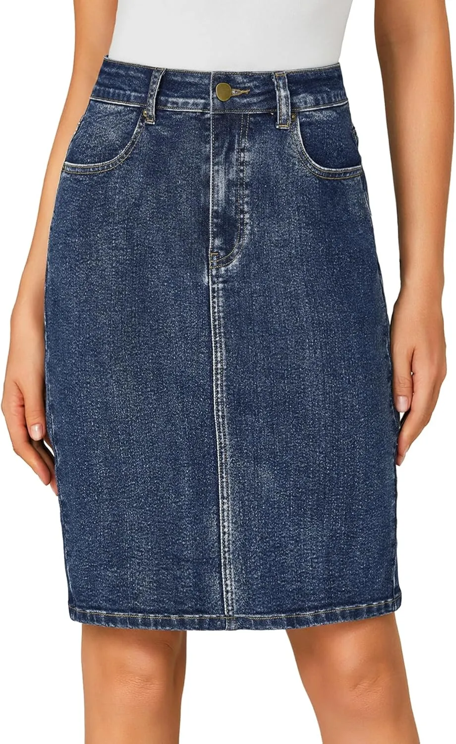 OPOIPIN Women's Casual Stretch High Waist Back Slit Denim Jean Knee Length Skirt