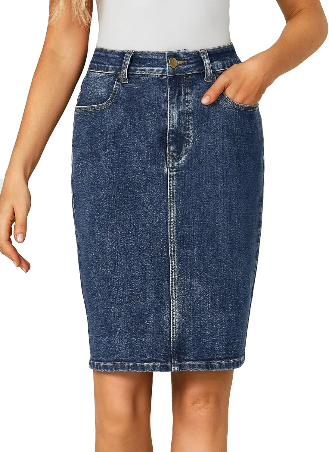OPOIPIN Women's Casual Stretch High Waist Back Slit Denim Jean Knee Length Skirt