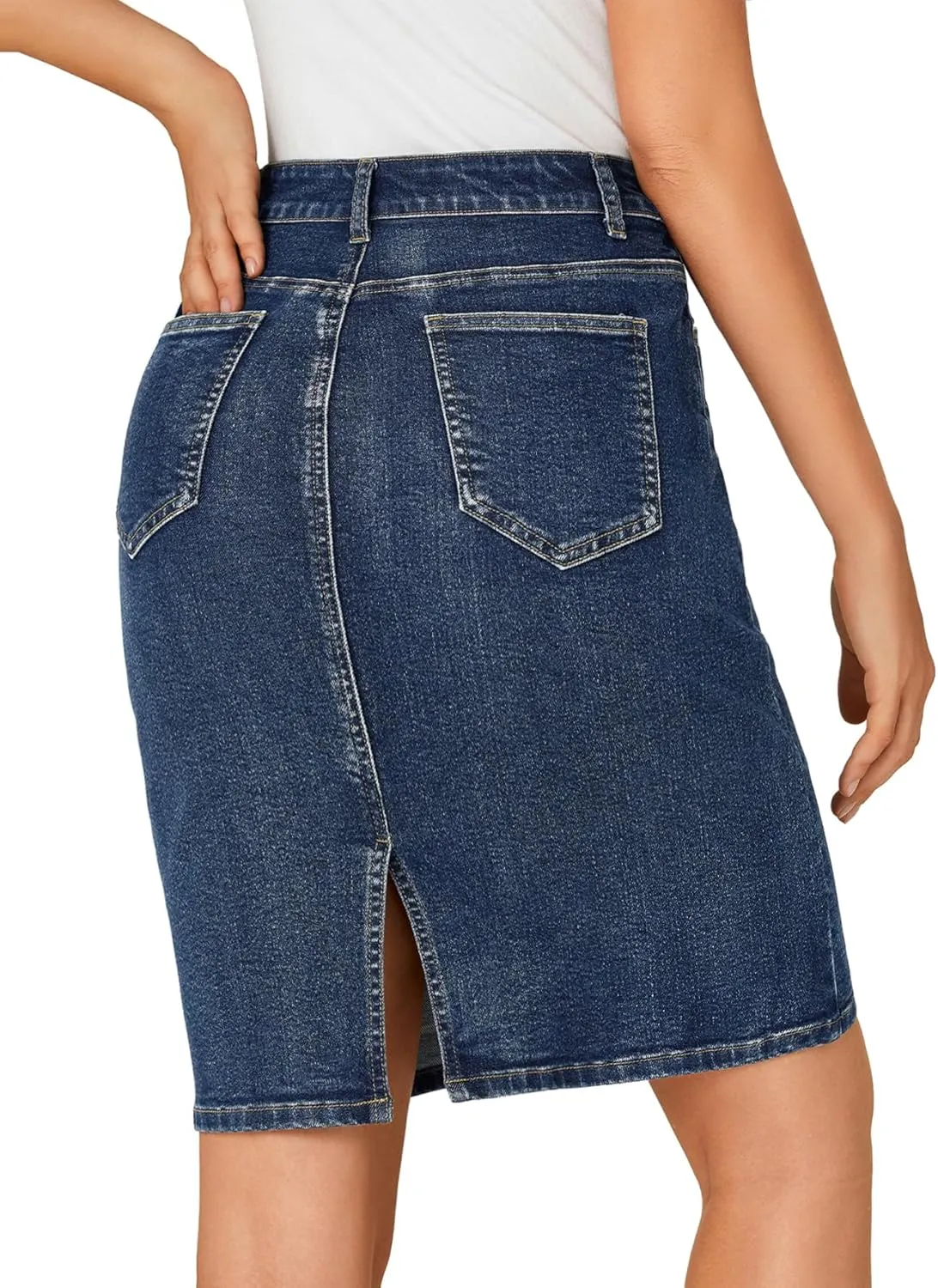 OPOIPIN Women's Casual Stretch High Waist Back Slit Denim Jean Knee Length Skirt