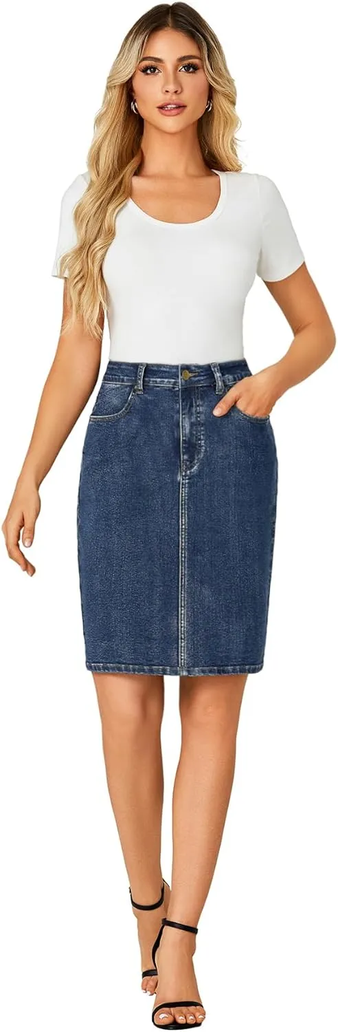 OPOIPIN Women's Casual Stretch High Waist Back Slit Denim Jean Knee Length Skirt