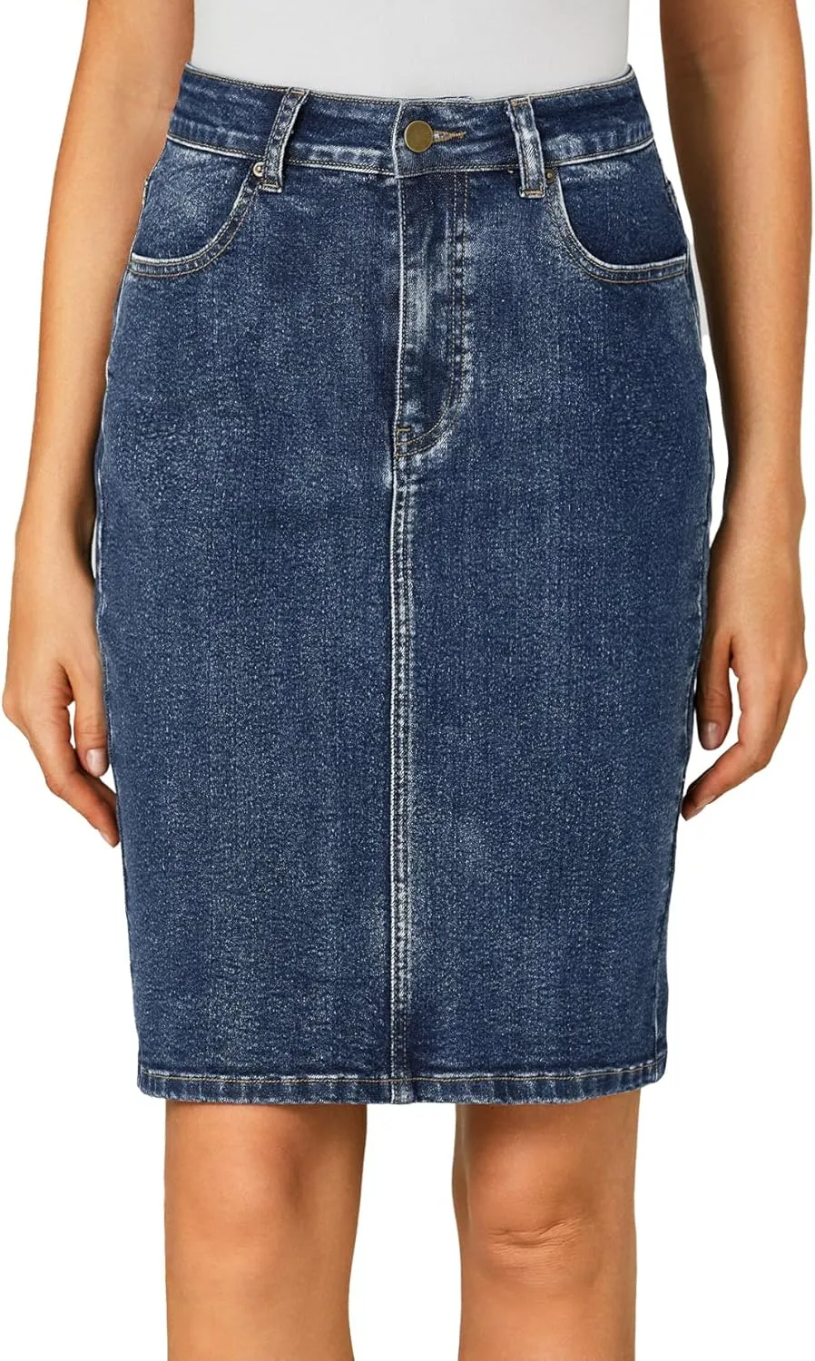 OPOIPIN Women's Casual Stretch High Waist Back Slit Denim Jean Knee Length Skirt