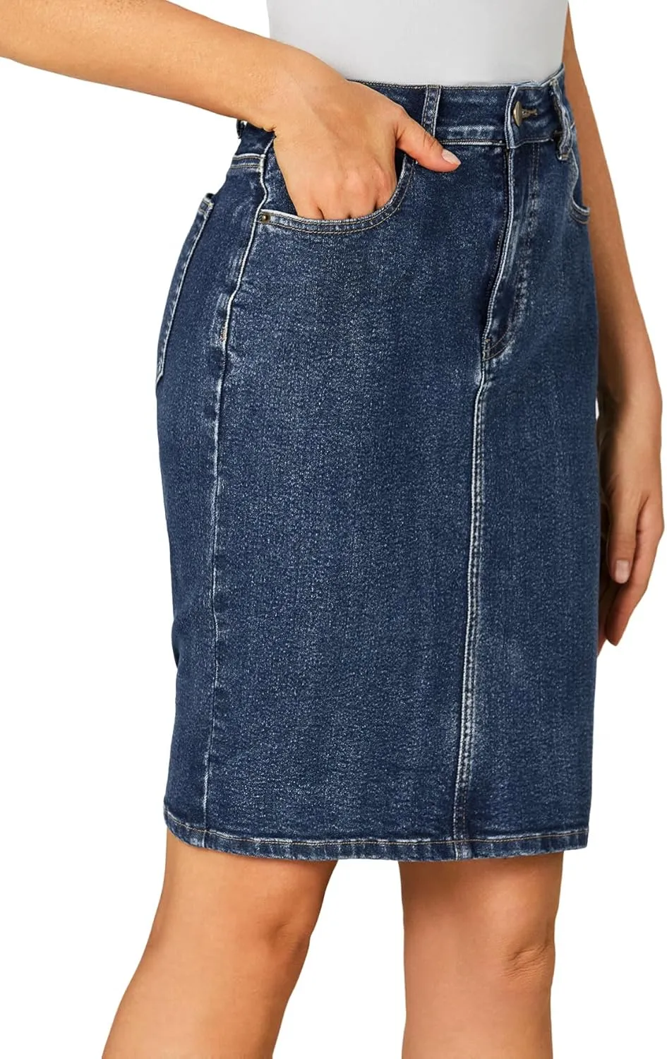 OPOIPIN Women's Casual Stretch High Waist Back Slit Denim Jean Knee Length Skirt