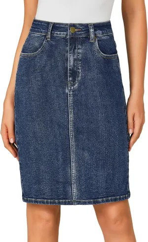OPOIPIN Women's Casual Stretch High Waist Back Slit Denim Jean Knee Length Skirt