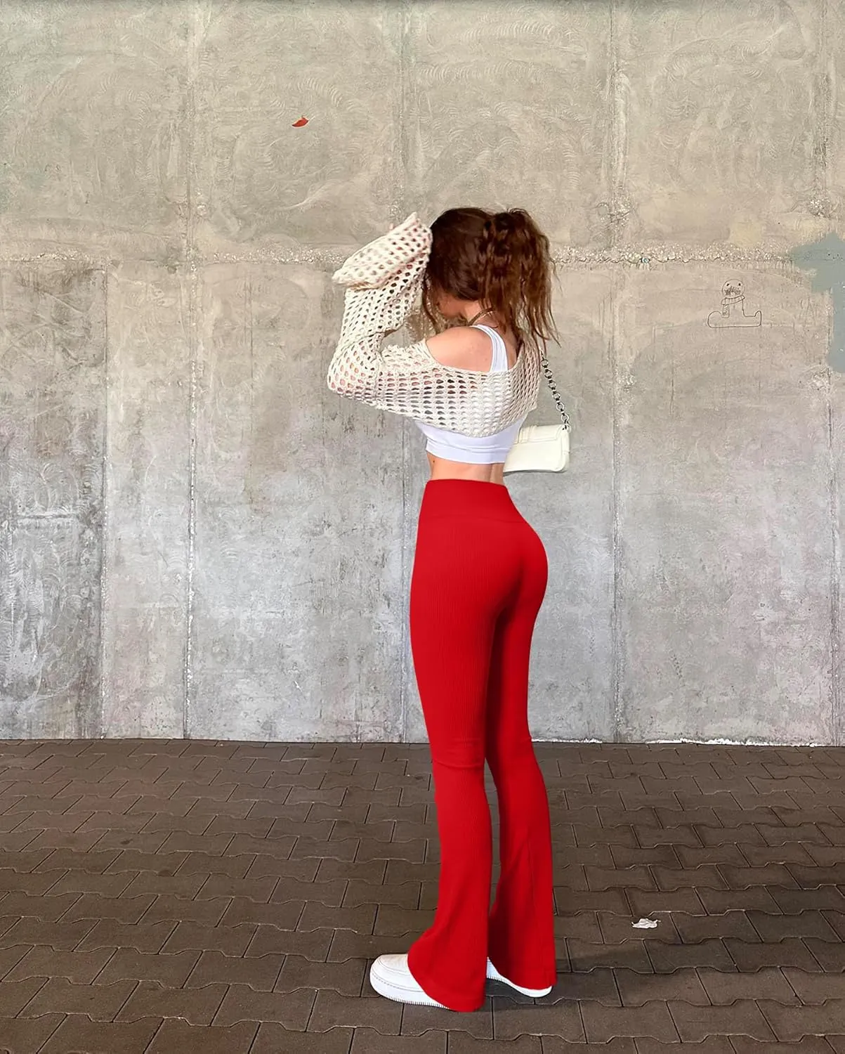 OQQ Women's Flared Pants Ribbed Cross Over High Waist Bell Bottoms Lounge Travel Pants