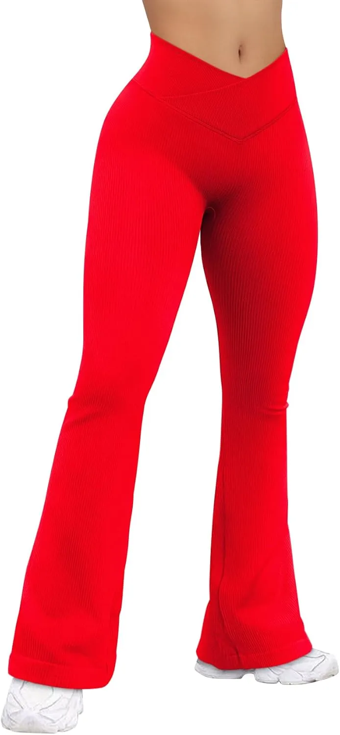 OQQ Women's Flared Pants Ribbed Cross Over High Waist Bell Bottoms Lounge Travel Pants