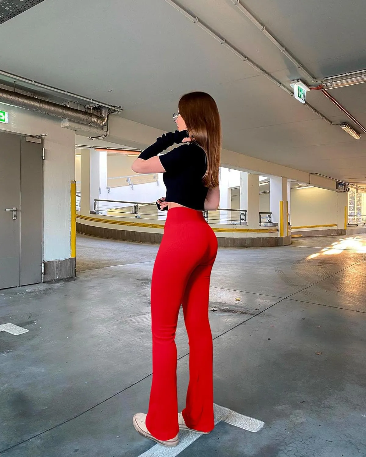 OQQ Women's Flared Pants Ribbed Cross Over High Waist Bell Bottoms Lounge Travel Pants