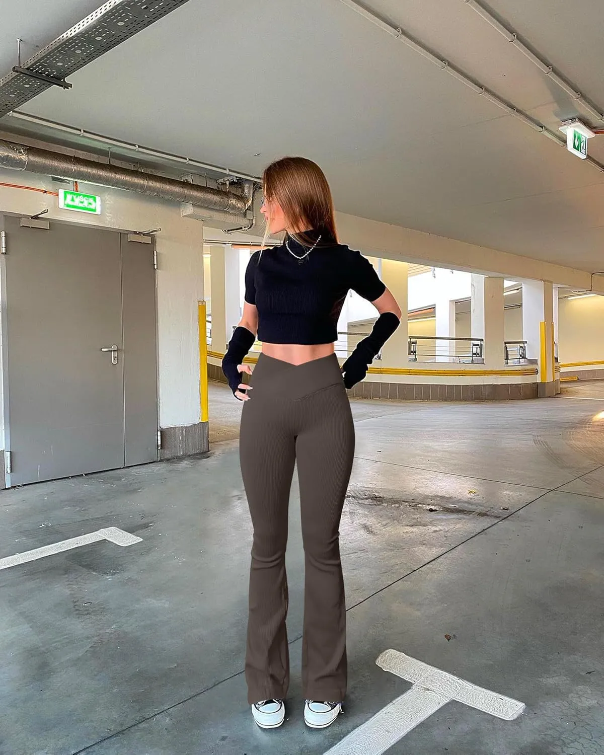 OQQ Women's Flared Pants Ribbed Cross Over High Waist Bell Bottoms Lounge Travel Pants