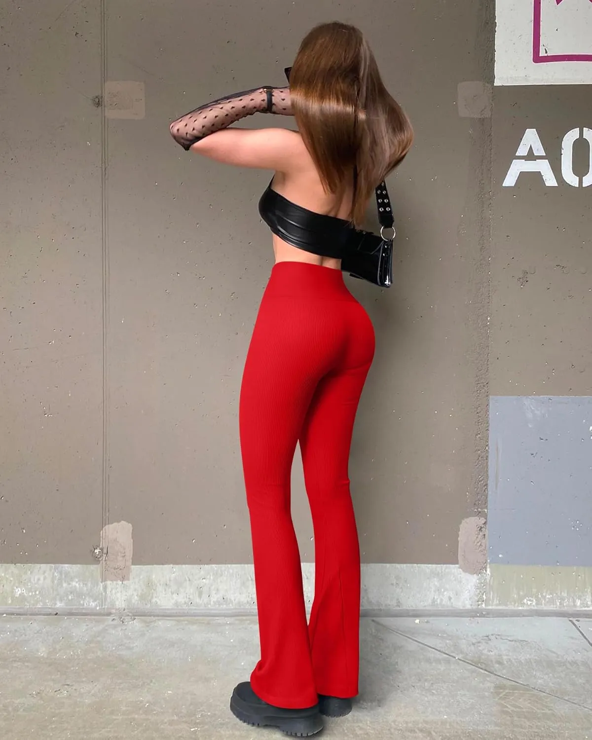 OQQ Women's Flared Pants Ribbed Cross Over High Waist Bell Bottoms Lounge Travel Pants