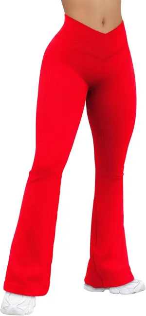 OQQ Women's Flared Pants Ribbed Cross Over High Waist Bell Bottoms Lounge Travel Pants