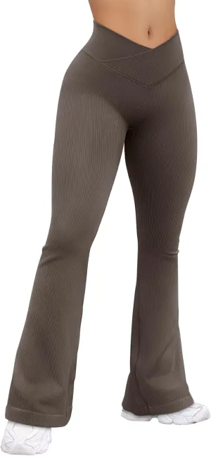 OQQ Women's Flared Pants Ribbed Cross Over High Waist Bell Bottoms Lounge Travel Pants