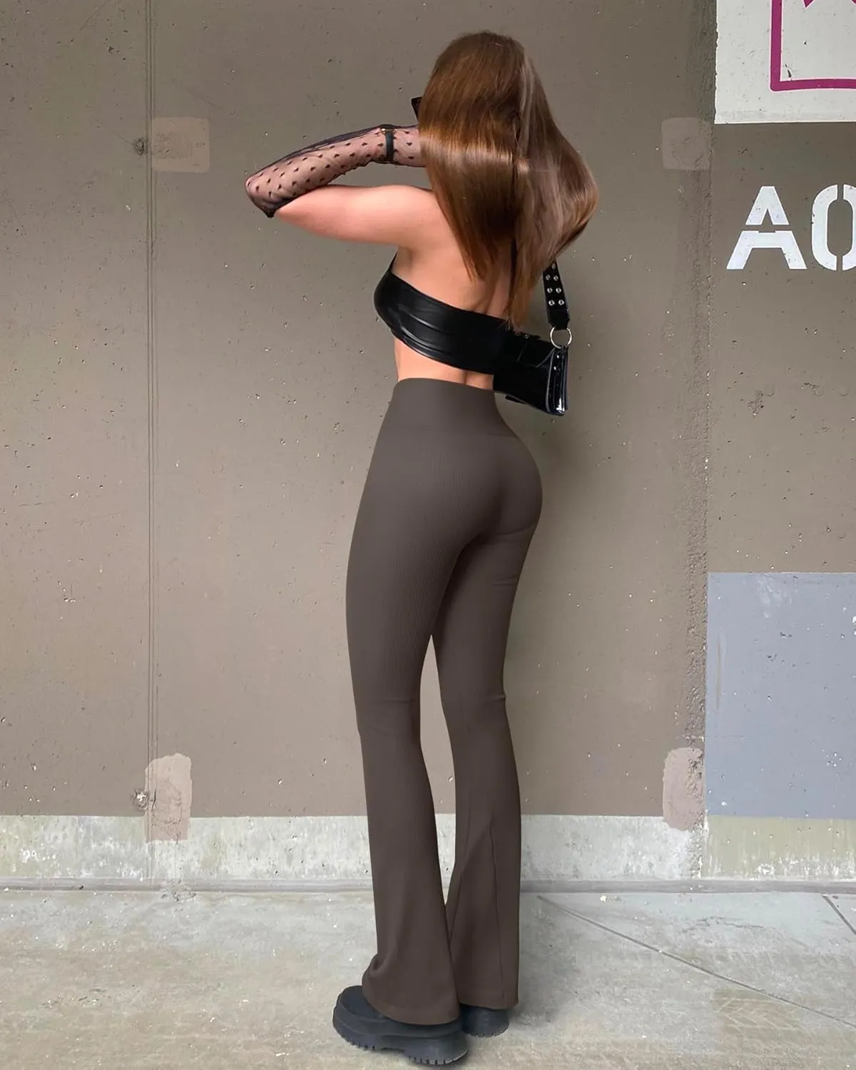 OQQ Women's Flared Pants Ribbed Cross Over High Waist Bell Bottoms Lounge Travel Pants