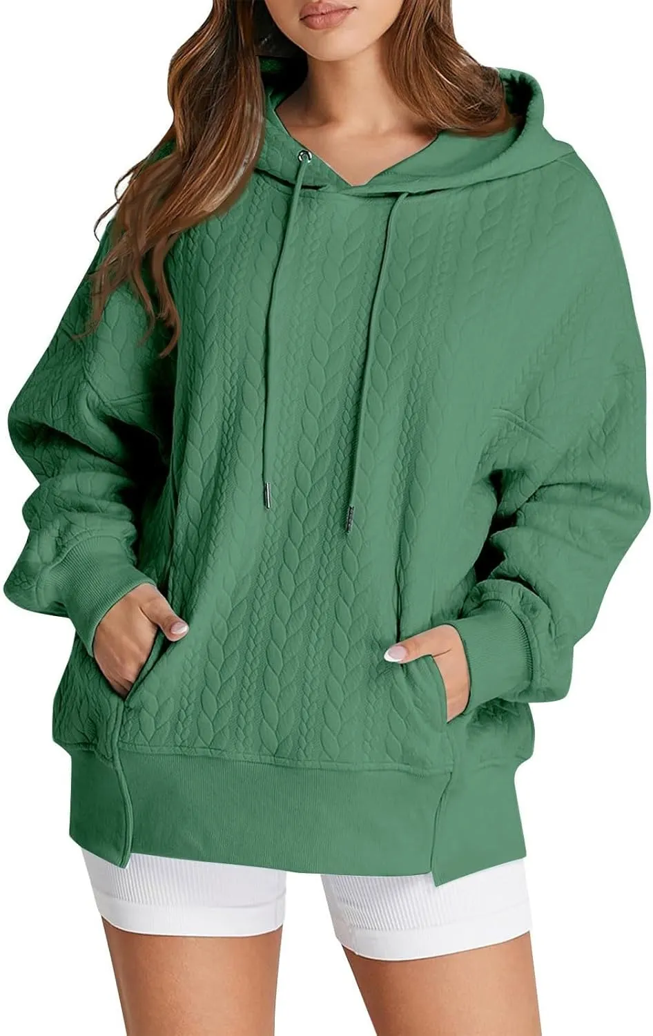Oversized Hoodies for Women Trendy Jacquard Knit Sweater Drawstring Casual Long Sleeve Hooded Sweatshirt with Pocket