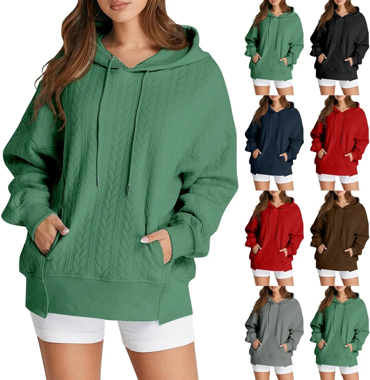 Oversized Hoodies for Women Trendy Jacquard Knit Sweater Drawstring Casual Long Sleeve Hooded Sweatshirt with Pocket