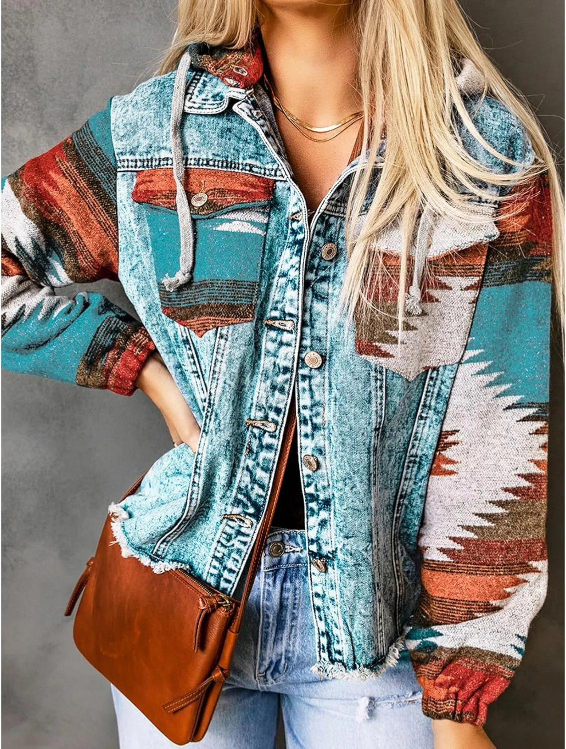 Perbai Women's Hooded Aztec Denim Jacket Distressed Button Down Jean Shacket with Hood