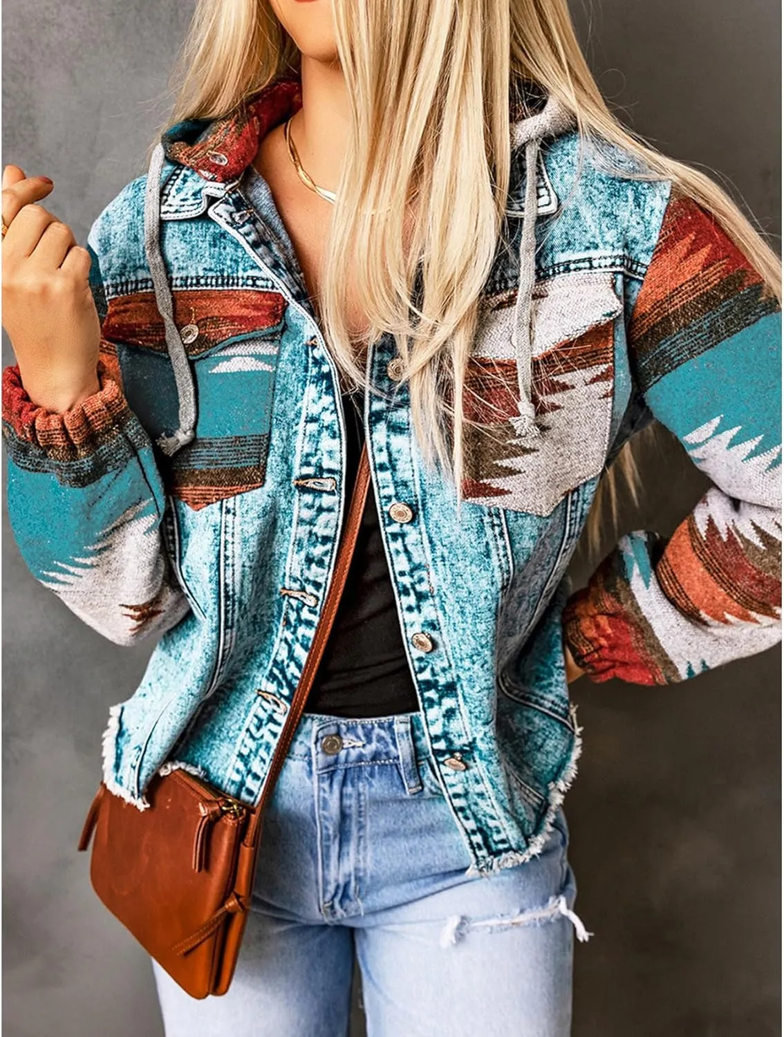 Perbai Women's Hooded Aztec Denim Jacket Distressed Button Down Jean Shacket with Hood