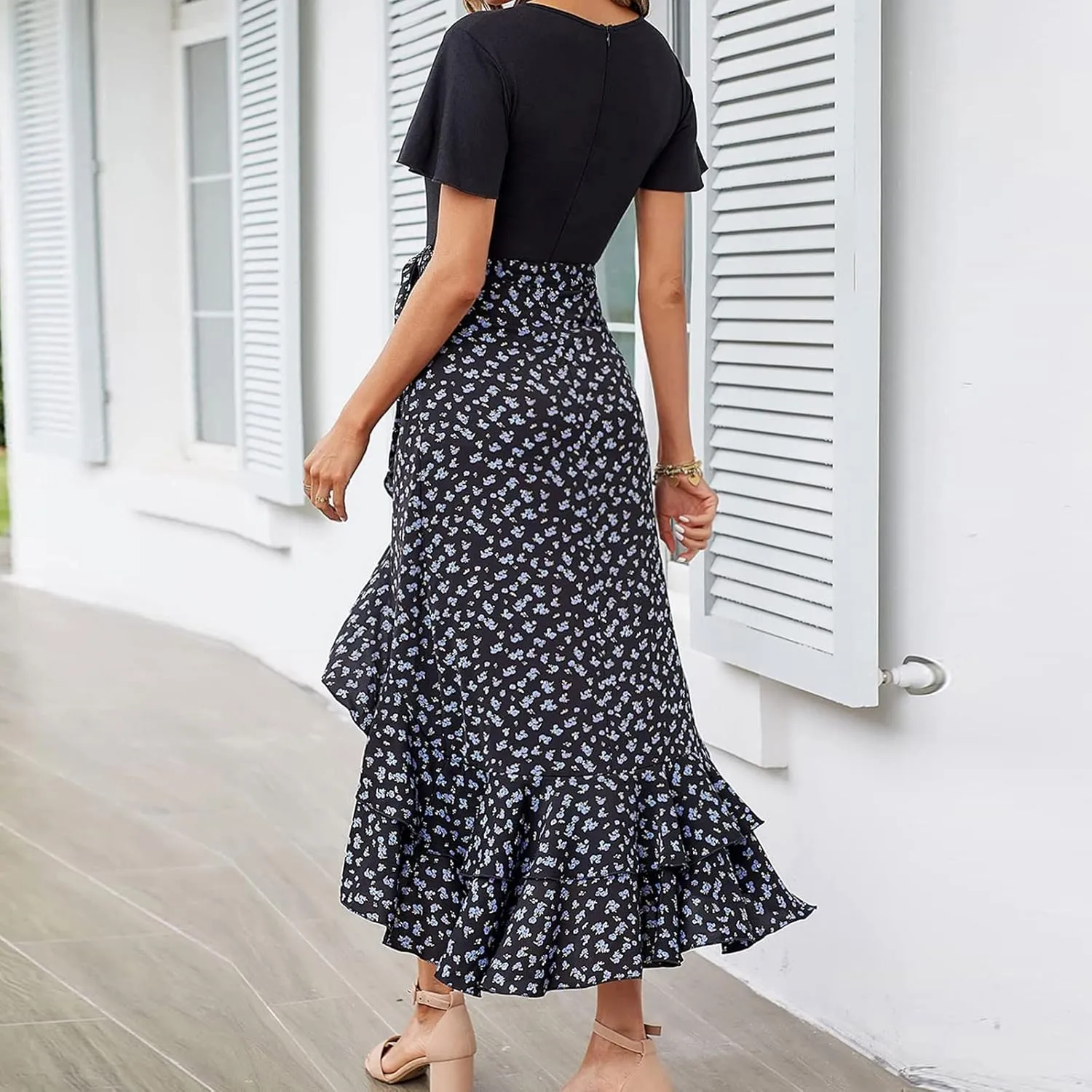 PETYCZEN Summer Dresses for Women 2023 Sexy Short Sleeve Side Slit Midi Dress Boho Floral Patchwork Ruffle Beach Party Dress