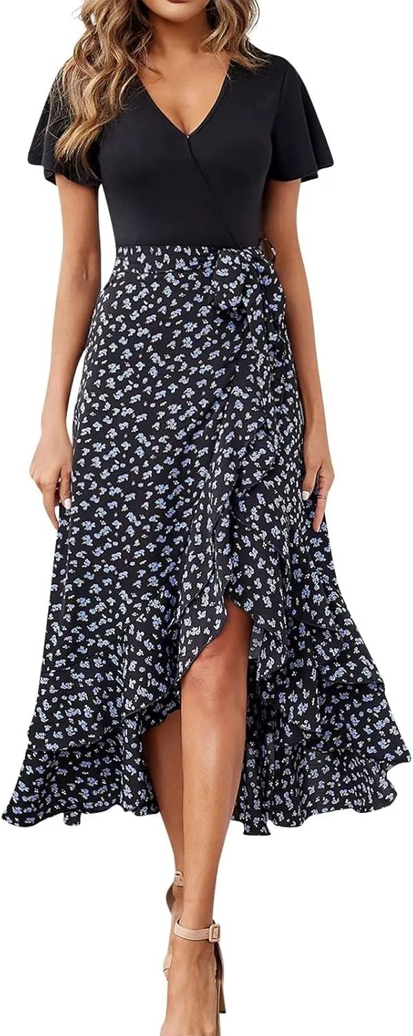 PETYCZEN Summer Dresses for Women 2023 Sexy Short Sleeve Side Slit Midi Dress Boho Floral Patchwork Ruffle Beach Party Dress