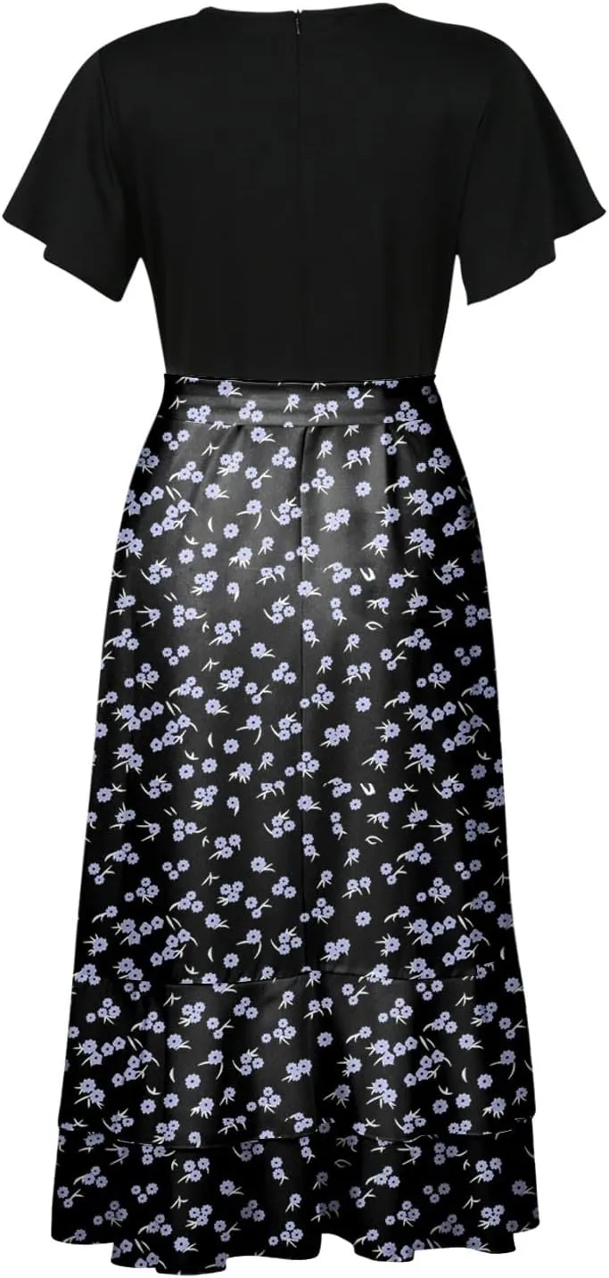 PETYCZEN Summer Dresses for Women 2023 Sexy Short Sleeve Side Slit Midi Dress Boho Floral Patchwork Ruffle Beach Party Dress