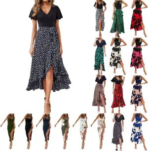 PETYCZEN Summer Dresses for Women 2023 Sexy Short Sleeve Side Slit Midi Dress Boho Floral Patchwork Ruffle Beach Party Dress