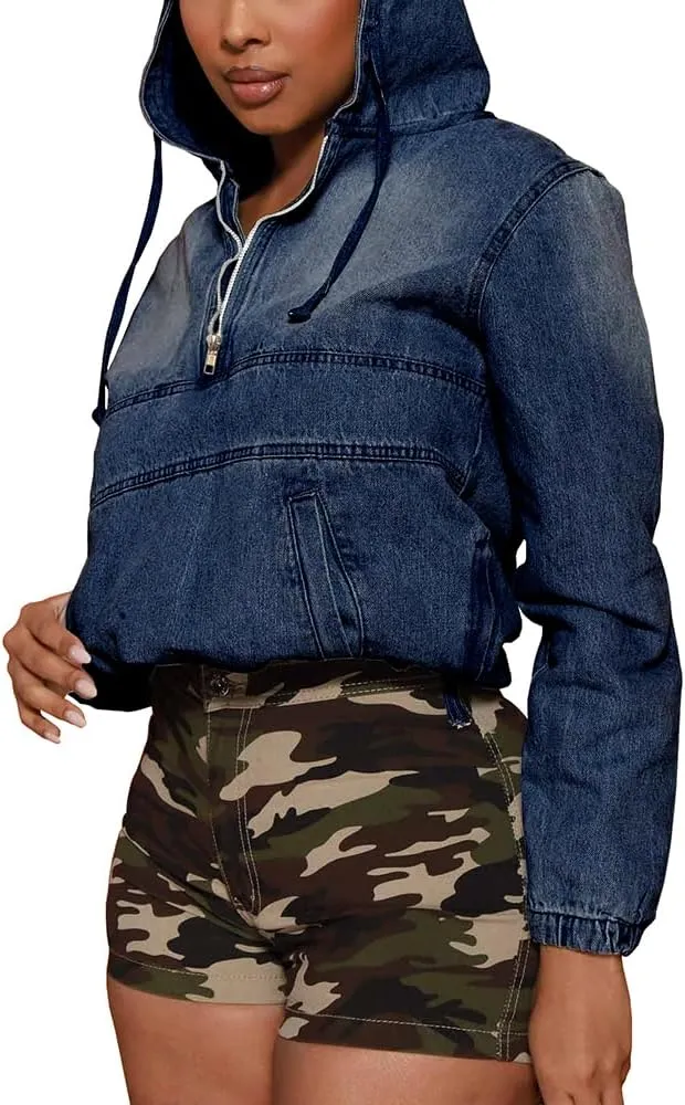 PINSV Women's Half Zip Sweatshirt Denim Hoodie Pullover Jacket Jean Tops