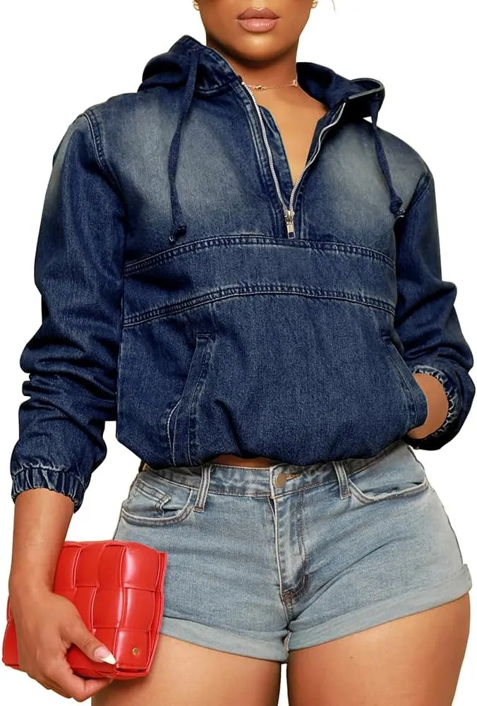 PINSV Women's Half Zip Sweatshirt Denim Hoodie Pullover Jacket Jean Tops