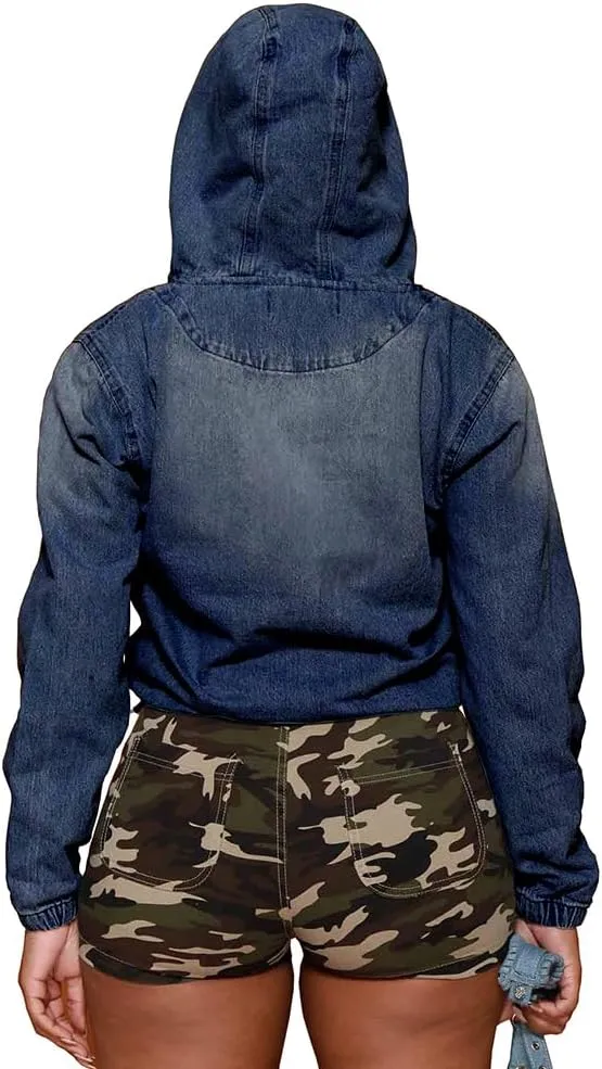 PINSV Women's Half Zip Sweatshirt Denim Hoodie Pullover Jacket Jean Tops