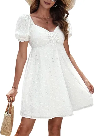 Pinup Fashion Plus Size Casual Eyelet Puff Sleeve Short Summer Sundress A Line Babydoll Cute Mini Dress