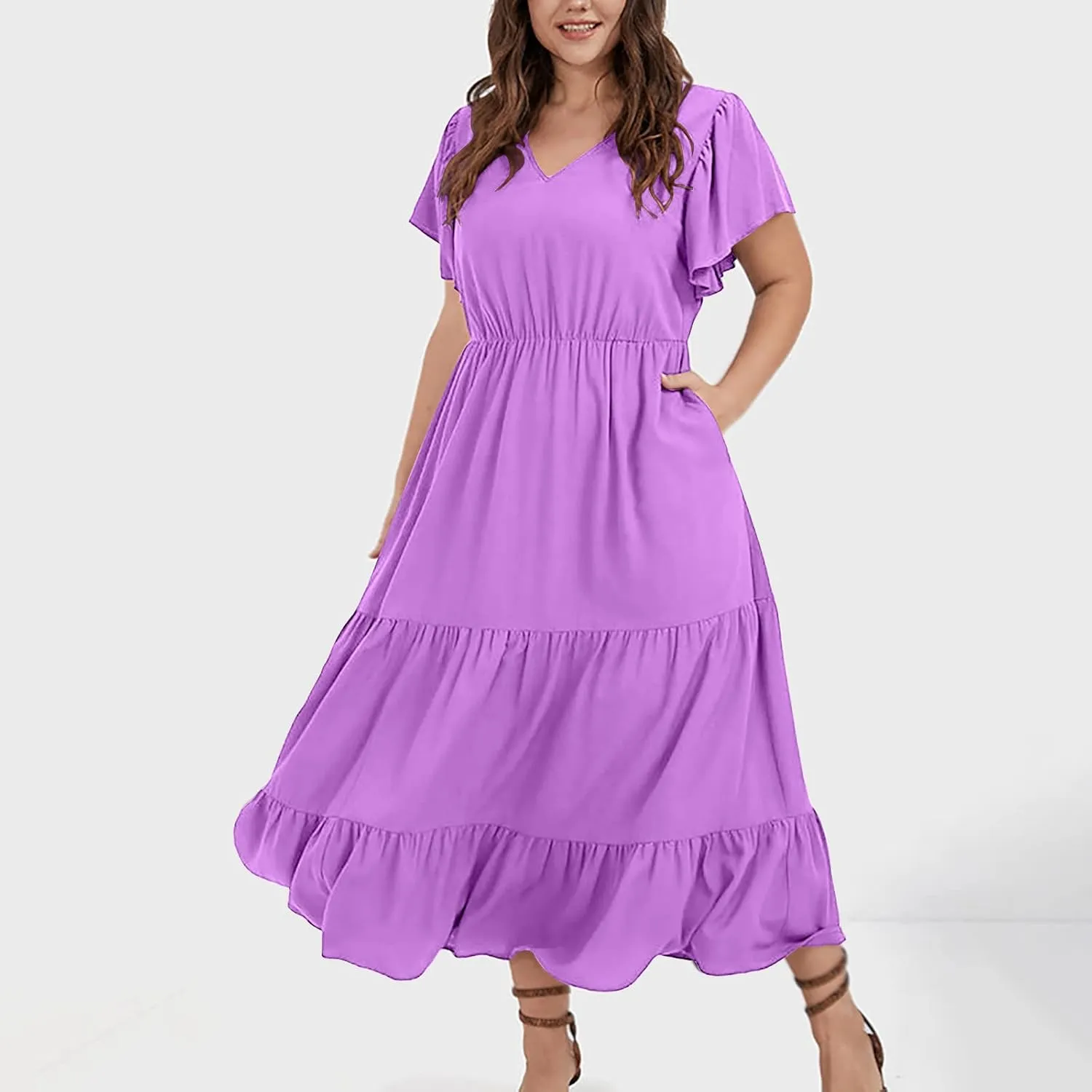 Plus Size Dress for Women V Neck Ruffle Short Sleeve Summer Casual Tiered Sundress Sleeveless with Pockets