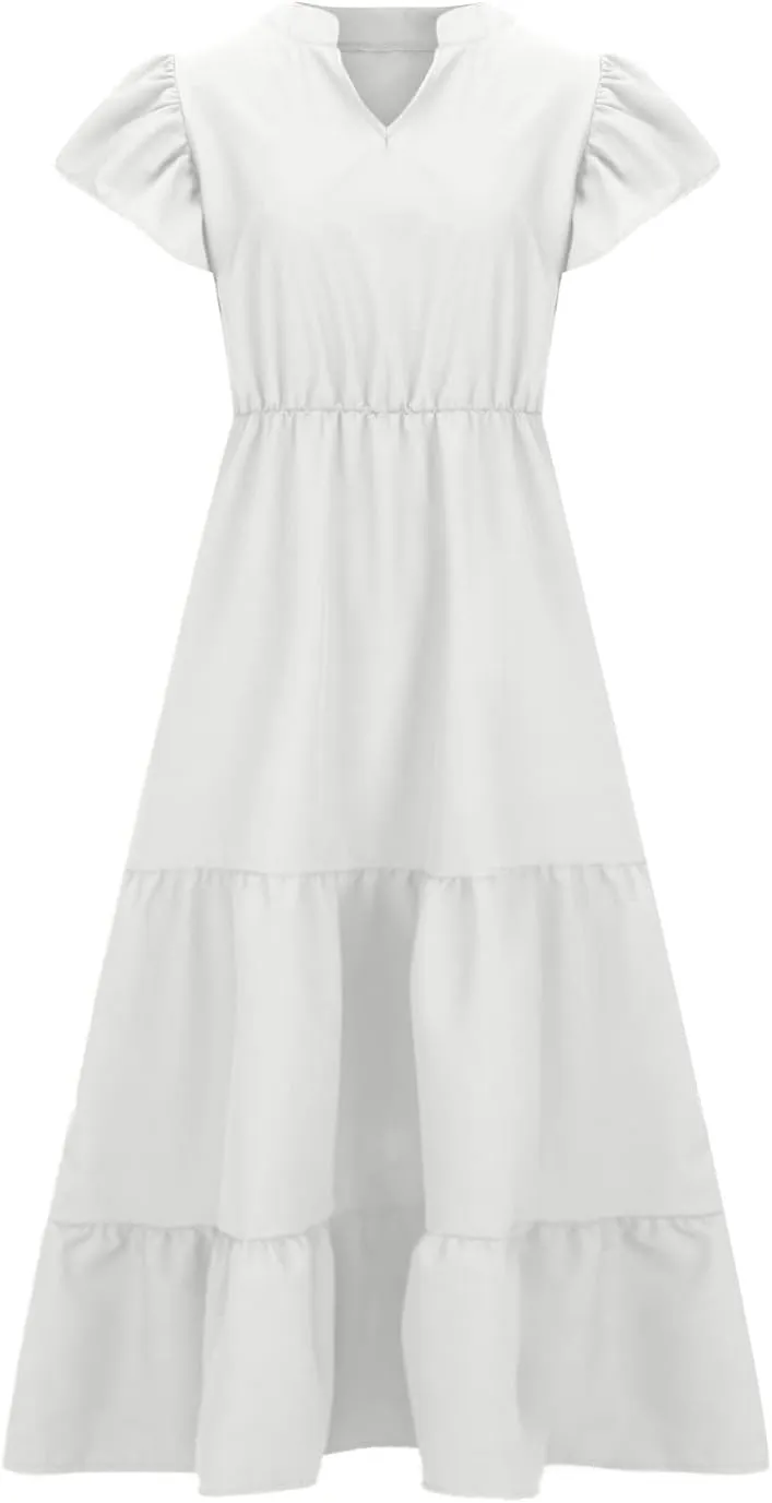 Plus Size Dress for Women V Neck Ruffle Short Sleeve Summer Casual Tiered Sundress Sleeveless with Pockets