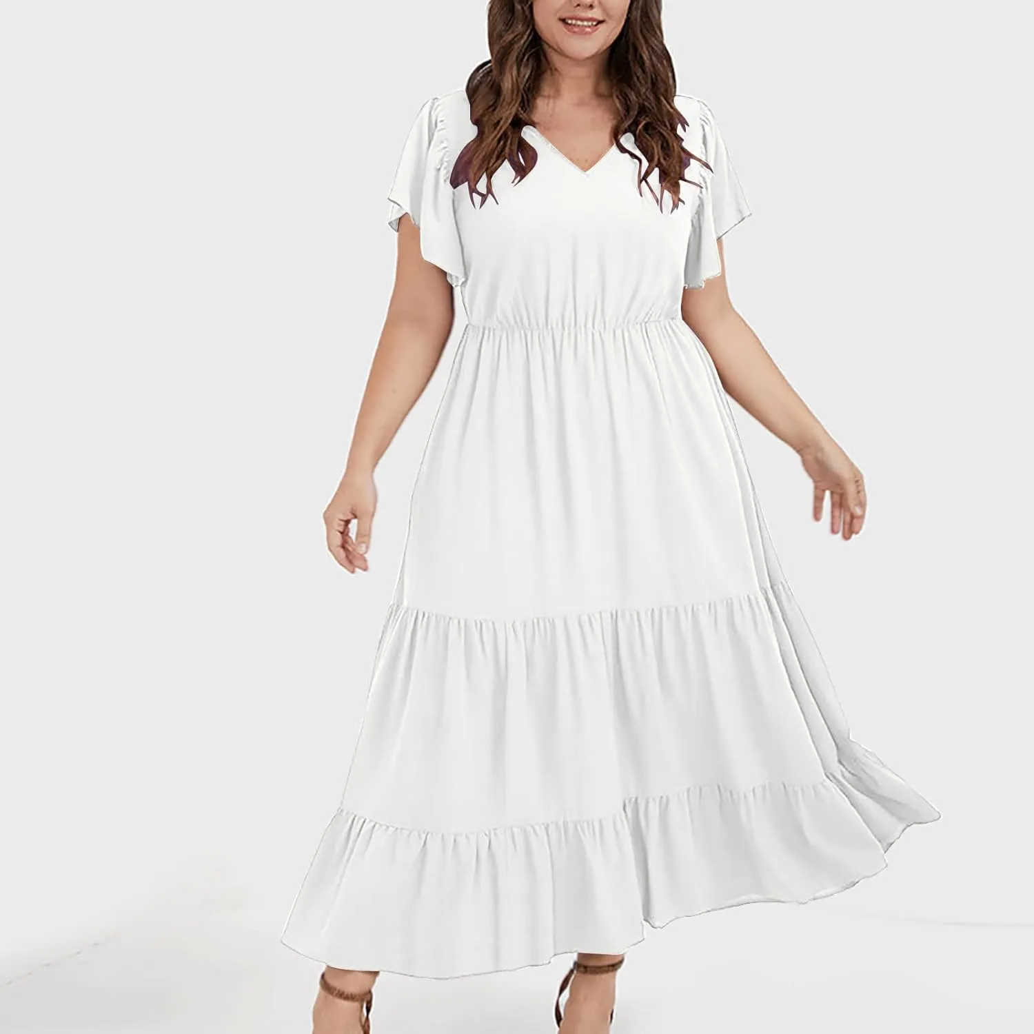Plus Size Dress for Women V Neck Ruffle Short Sleeve Summer Casual Tiered Sundress Sleeveless with Pockets
