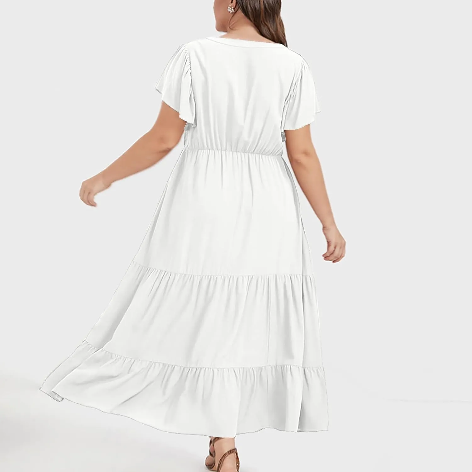 Plus Size Dress for Women V Neck Ruffle Short Sleeve Summer Casual Tiered Sundress Sleeveless with Pockets