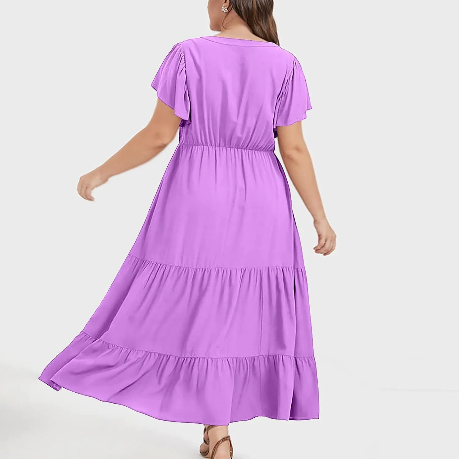 Plus Size Dress for Women V Neck Ruffle Short Sleeve Summer Casual Tiered Sundress Sleeveless with Pockets