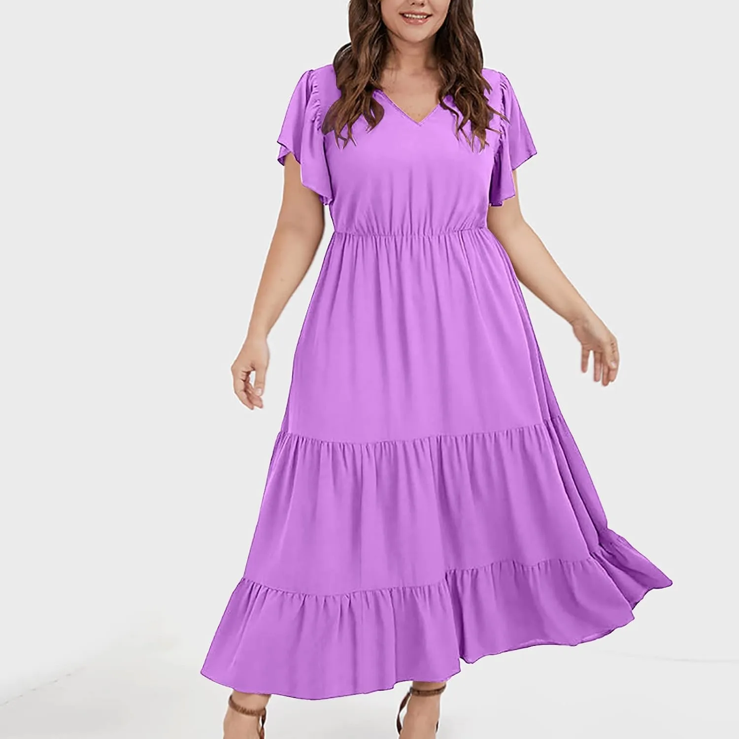 Plus Size Dress for Women V Neck Ruffle Short Sleeve Summer Casual Tiered Sundress Sleeveless with Pockets