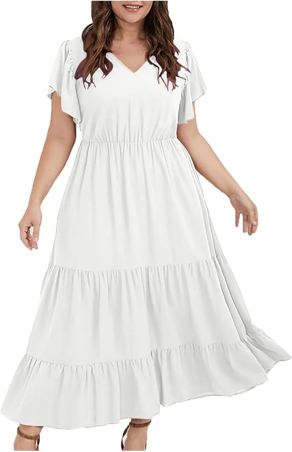 Plus Size Dress for Women V Neck Ruffle Short Sleeve Summer Casual Tiered Sundress Sleeveless with Pockets