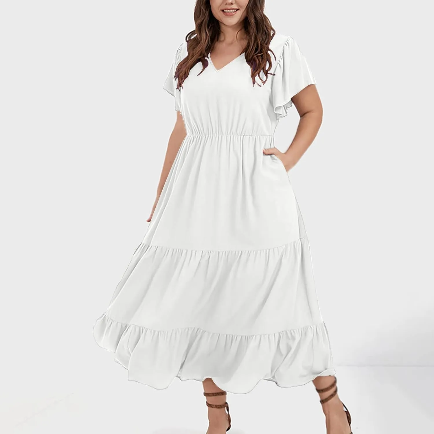 Plus Size Dress for Women V Neck Ruffle Short Sleeve Summer Casual Tiered Sundress Sleeveless with Pockets